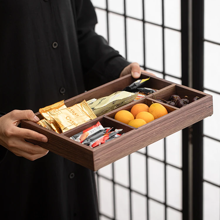 胡桃木桌面收纳盒中式茶几客厅钥匙首饰整理盒实木储物盒多格托盘