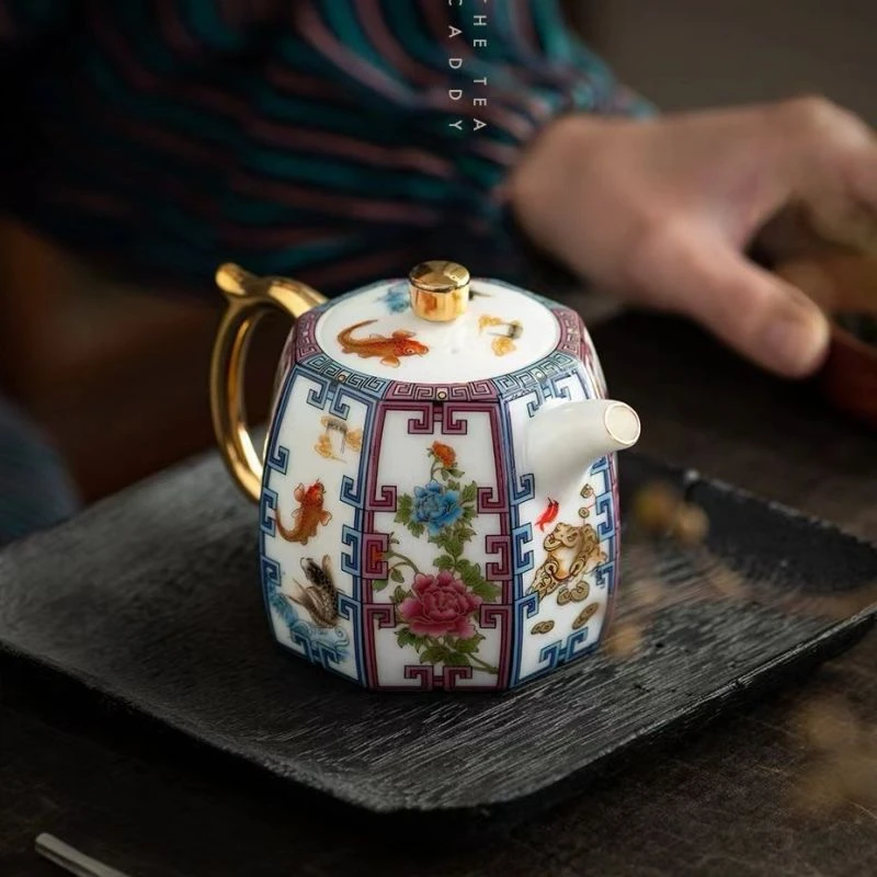 珐琅彩茶壶功夫茶具泡茶器中国白描金冲茶壶新款轻奢玉瓷壶带过滤