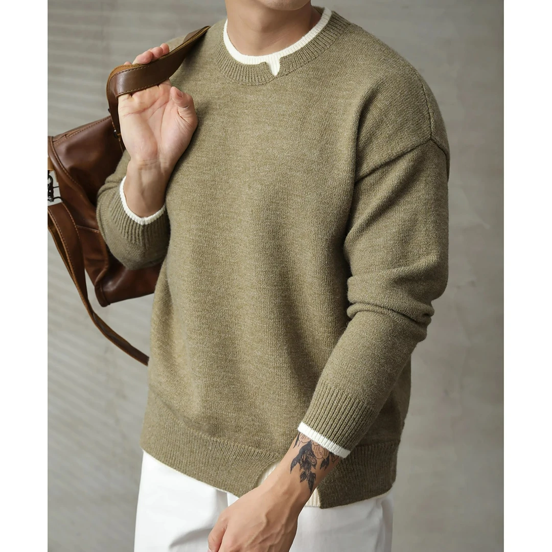 奥兰德保罗轻奢风亲肤绒毛假两件针织衫男士冬季拼接撞色圆领毛衣