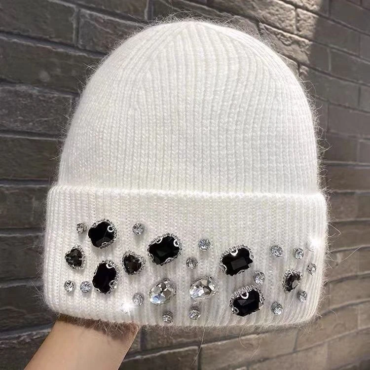 帽子女秋冬兔毛针织水钻毛线包头帽保暖网红时髦加厚百搭防寒帽