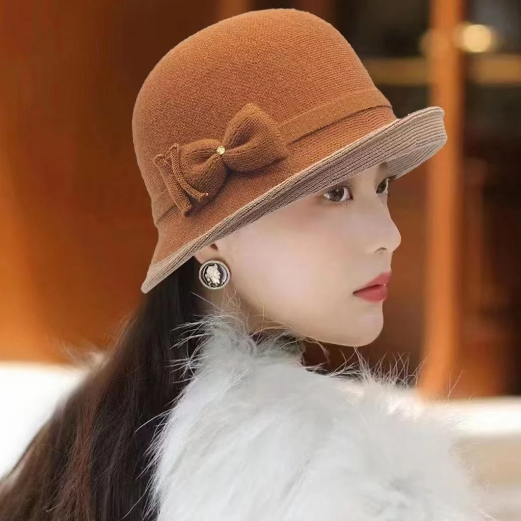 帽子女韩版秋冬复古毛绒帽檐拼色保暖针织妈妈渔夫帽百搭洋气礼帽