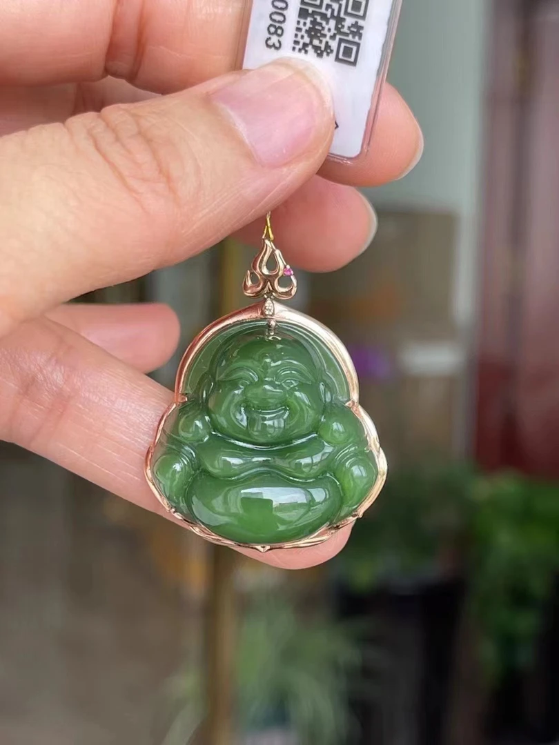 04/83 天然和田玉吊坠 佛公 大肚佛 18k金镶嵌雕刻时尚气质
