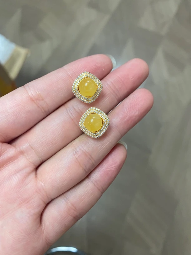 【王姨专属】07 10091507 琥珀蜜蜡耳钉 耳饰 S925银镶嵌 时尚