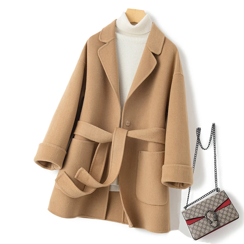 【爆款促销】双面绒大衣女系带秋冬小个子宽松羊毛呢赫本风