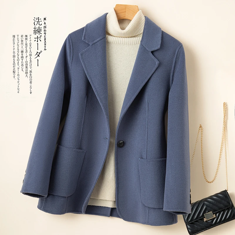 高端双面羊毛大衣女短款时尚新款秋冬修身气质毛呢外套轻奢西装女