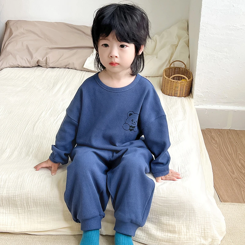 秋季儿童睡衣男童纯棉华夫格宽松有裤袋薄款宝宝长袖中大童家居服