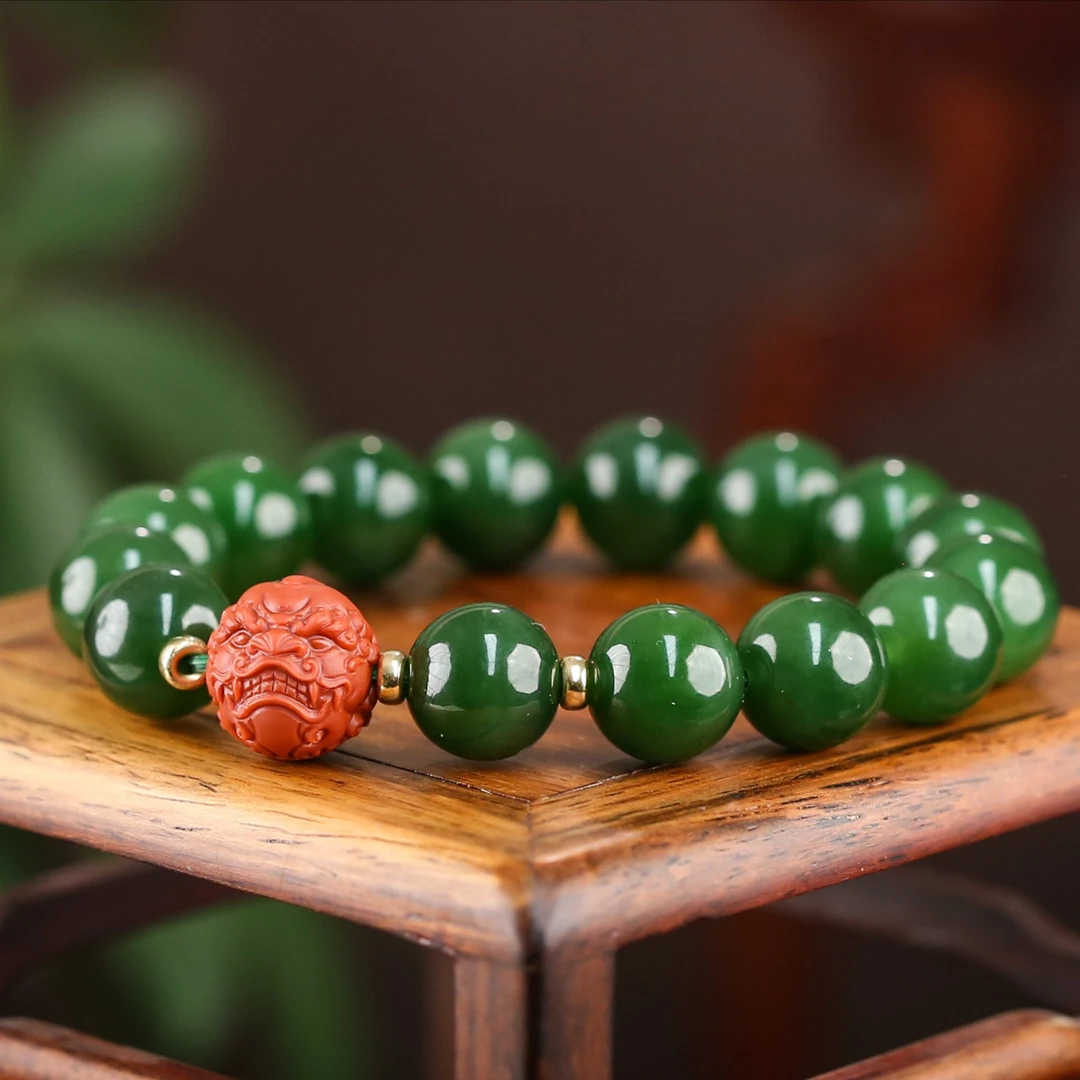 【鑫浩珠宝】新疆和田玉碧玉手串玛瑙兽珠配珠菠菜绿气质时尚国风