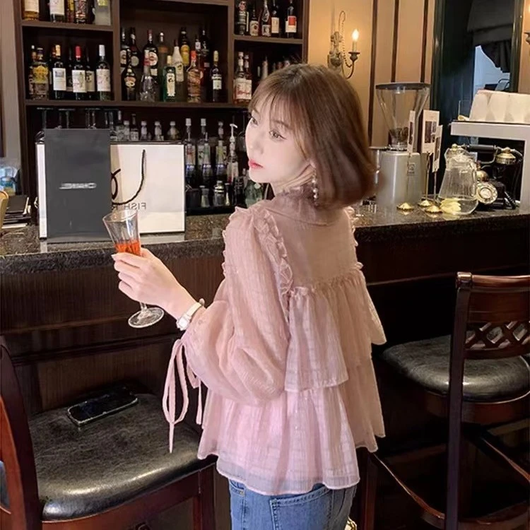 （花宝1）春夏新款法式洋气别致漂亮小衫甜美荷叶边小上衣仙女3010