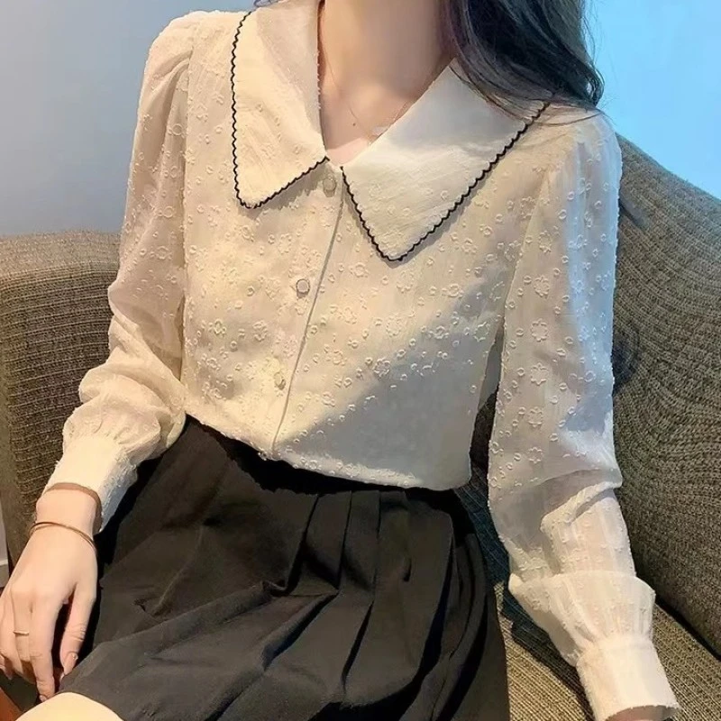 娃娃领长袖衬衫女春装新款小众设计感上衣洋气小衫967蕾丝显瘦