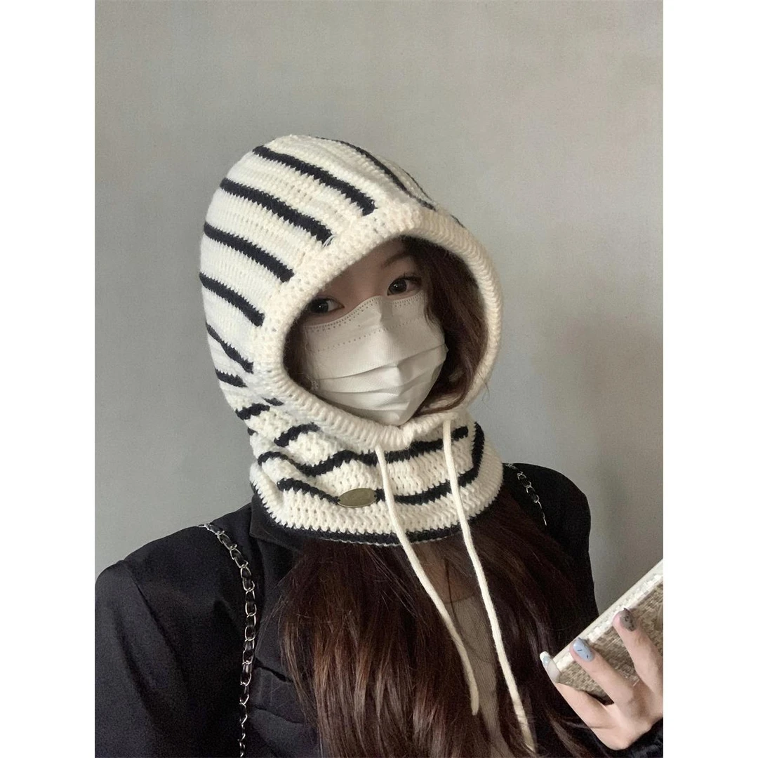 黑米色条纹针织巴拉克拉法帽保暖护耳护脖一体毛线帽