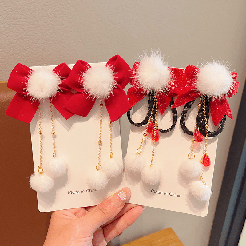 BST儿童过年蝴蝶结头饰女汉服夹中国风宝宝红色拜年古风女童新年