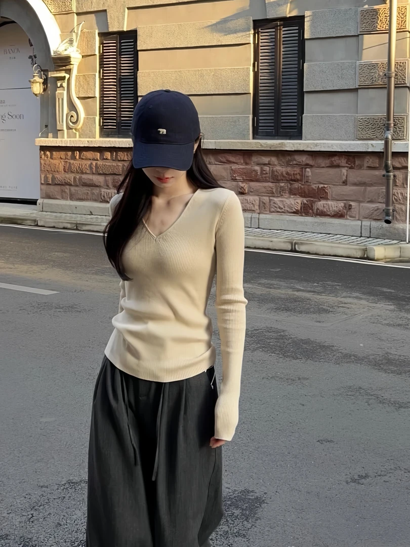 【高腰收腰】韩系风甜辣妹V领长袖针织衫2025新款修身显瘦百搭上衣