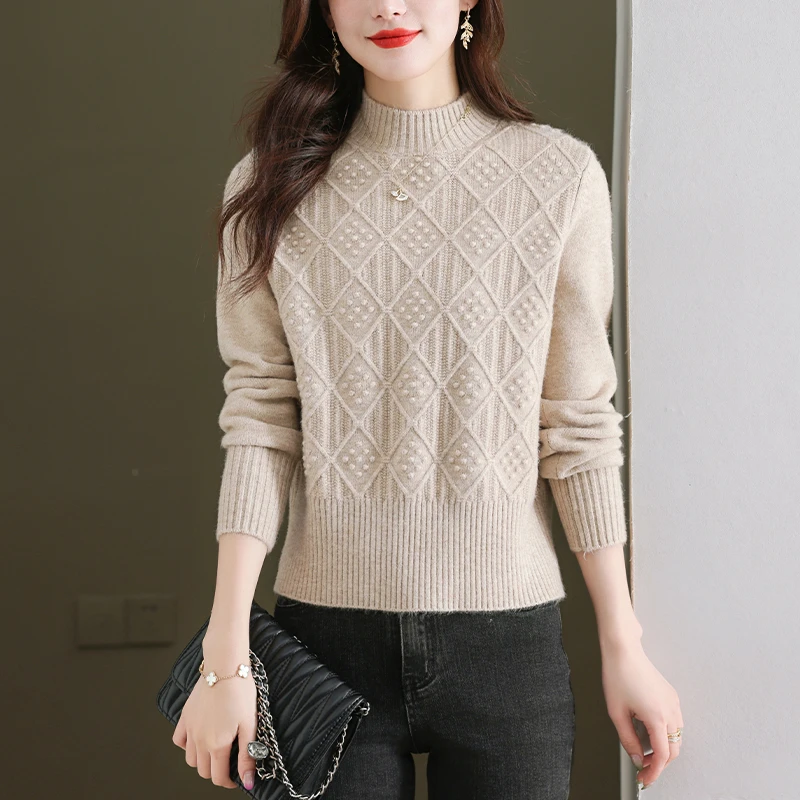 鄂尔多斯市纯100羊毛衫女秋冬半高领毛衣宽松加厚内搭羊毛打底衫