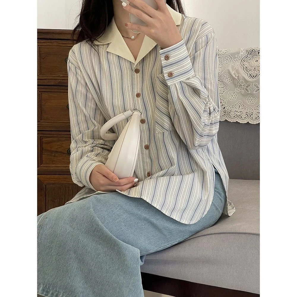 法式古巴领蓝白条纹衬衫女2023早春款设计感小众内搭长袖别致衬衣