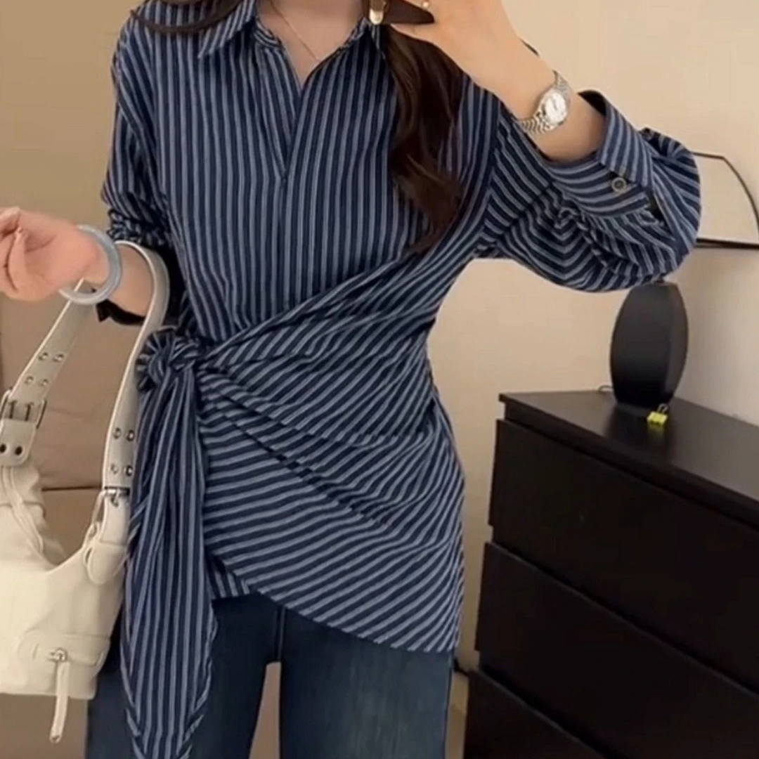 设计感不规则条纹衬衫女2024年秋季新款韩系时尚洋气收腰显瘦上衣