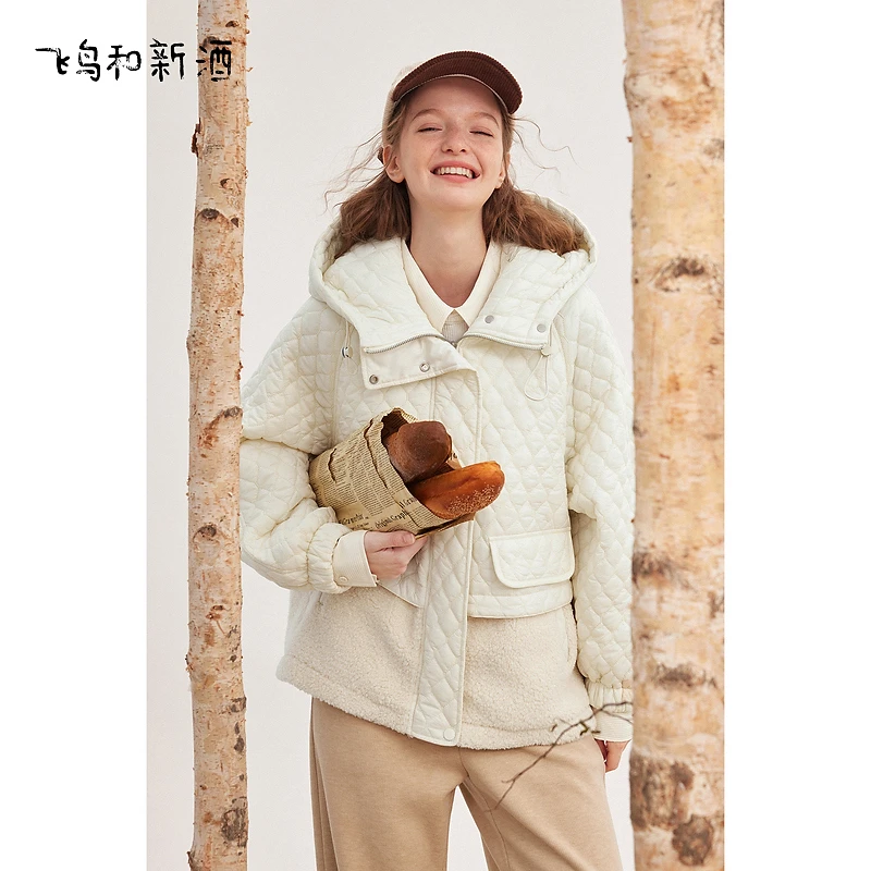 飞鸟和新酒宽松小个子连帽白色保暖菱格棉衣FD37002006
