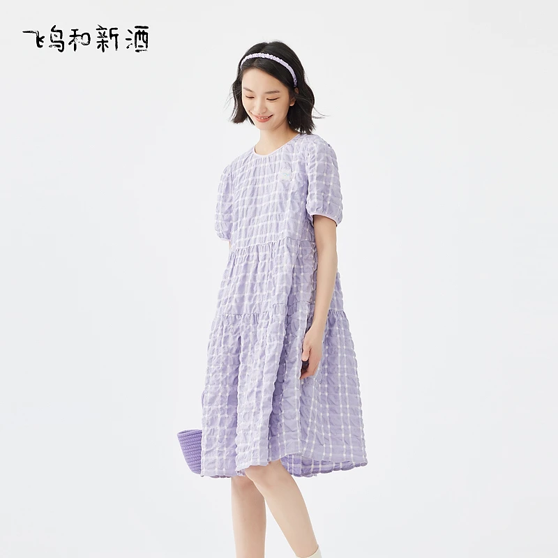 飞鸟和新酒格子连衣裙复古印花女裙FD430182121