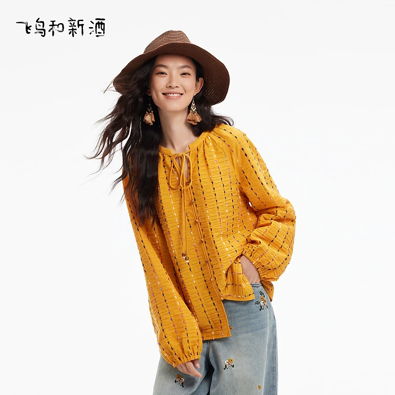 飞鸟和新酒波西米亚民族风设计感衬衫女秋灯笼袖小衫FD450082033