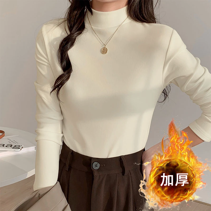 厚款双面磨毛绒长袖上衣正肩显瘦2024秋冬半高领百搭内搭