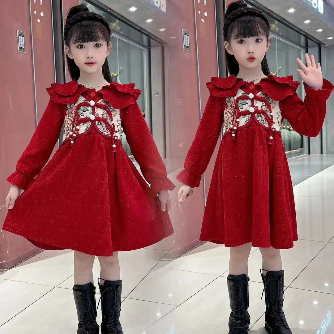 女童连衣裙秋冬款2023新款女大儿童冬季加绒中国风唐装拜年服裙子