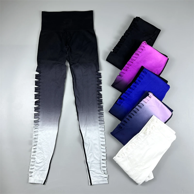侧面破洞显臀高腰收腰显瘦健身裤女 透气高弹瑜伽健身跑步九分裤