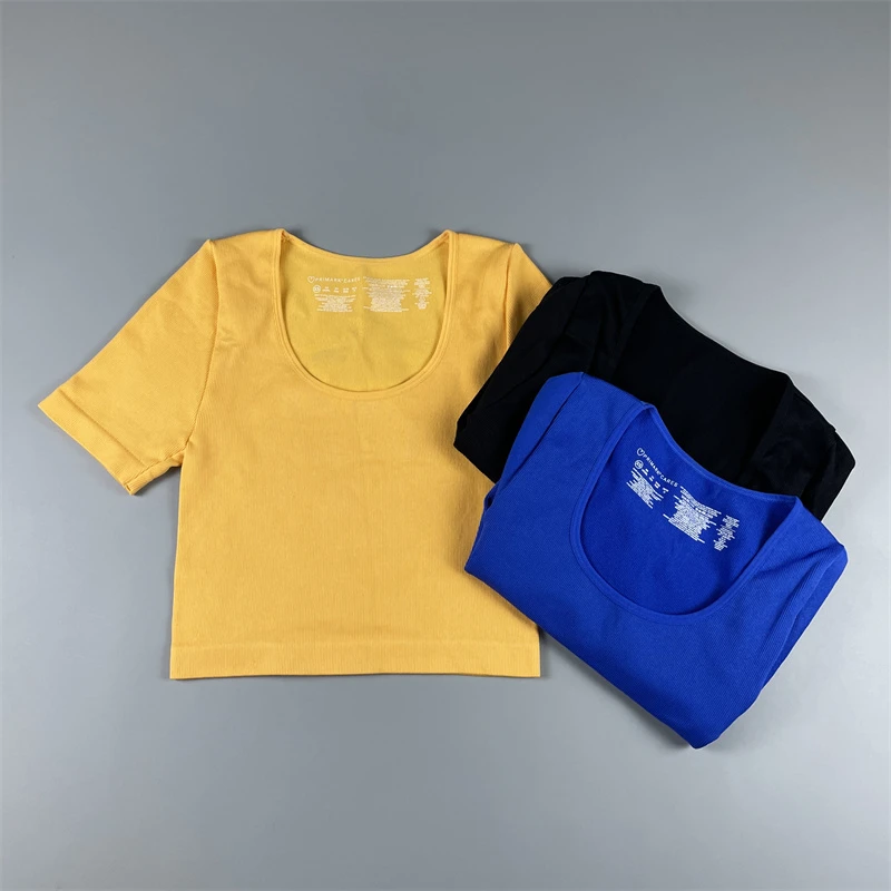 方领竖螺纹短袖微瑕瑜伽运动跑步健身衣