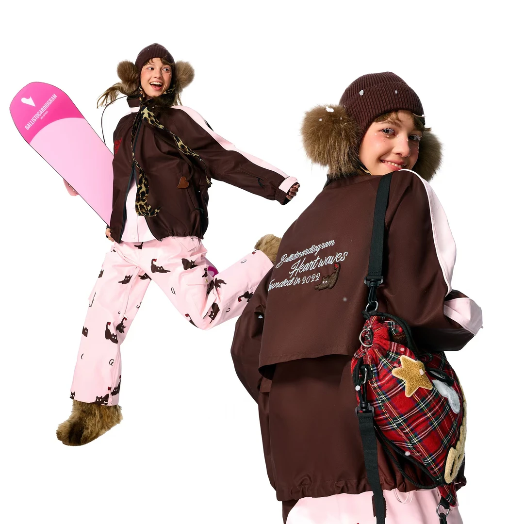 BCG粉棕滑雪套装可爱小猫印花工装裤假两件运动玩咖滑雪服套装