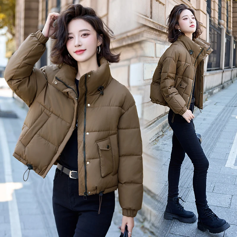 棉服女2024年秋冬新款时尚加厚百搭宽松面包服纯色立领棉衣外套