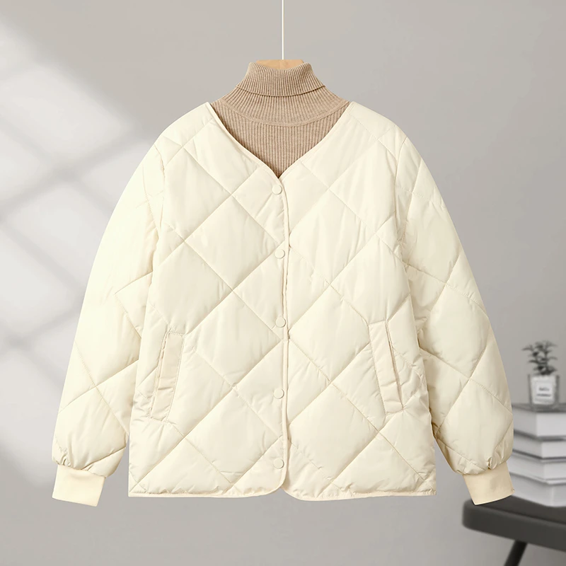 2024年春秋新款棉服女短款轻薄无领日系菱形格棉袄休闲潮外套
