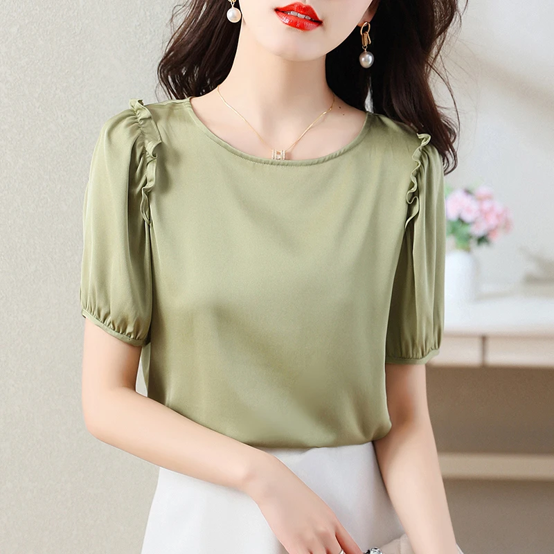 【颖池】时尚纯色设计感气质夏季宽松显瘦桑蚕丝衬衫