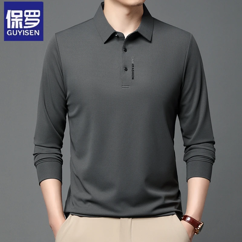 保罗品牌男士polo衫翻领高档宽松商务纯色休闲长袖2023秋冬打底衫