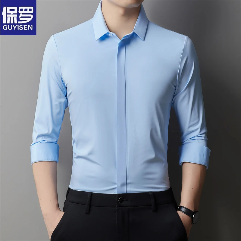 保罗高档商务休闲长袖衬衫春秋修身无痕职业衬衣中年新款蓝色寸衣