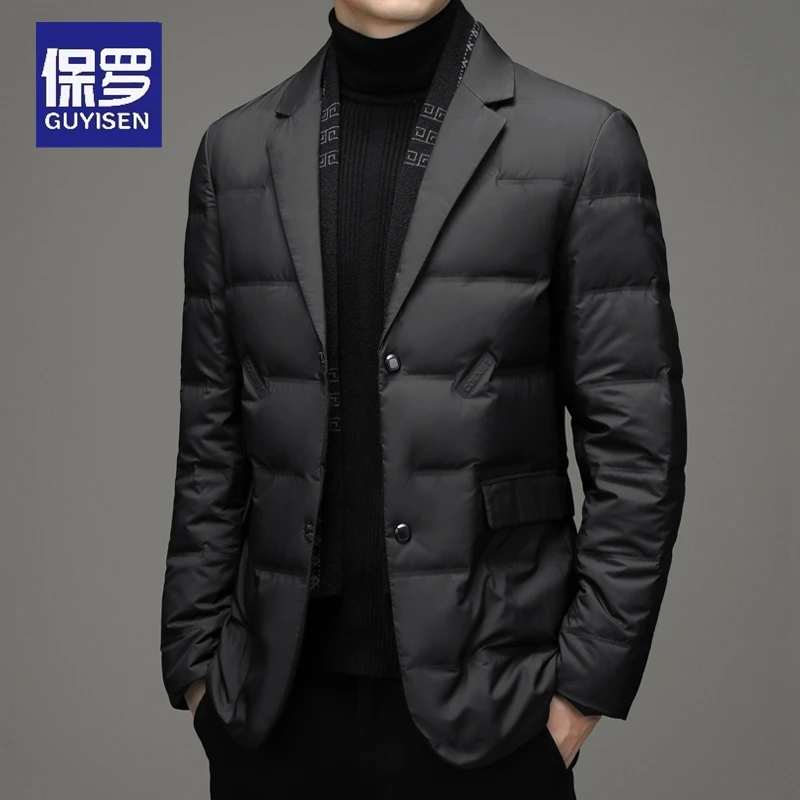 保罗2023新款男士短款白鸭绒保暖加厚冬季西服领外套休闲秋冬高档