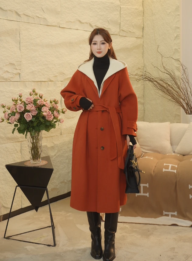 秋冬时尚连帽长款双面羊毛大衣宽松慵懒毛呢外套女