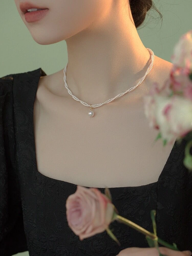 铜合金项链 施家珠仿珍珠2mm双层缠绕叠带项链锁骨链35+7cm延长链