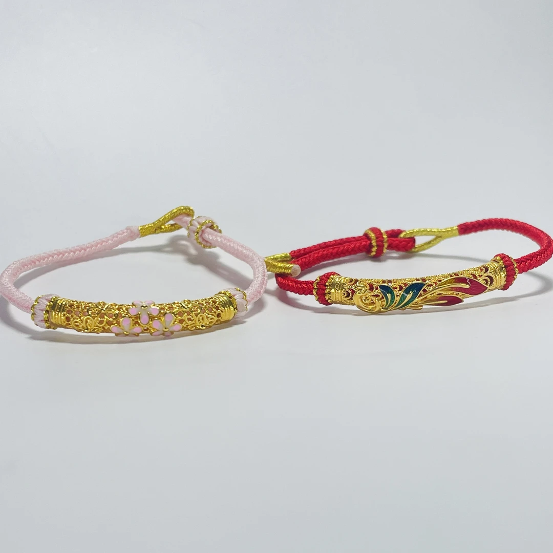 18K金弯管路路通转运珠赠手绳皮绳红绳粉绳可调节国潮多样性发货