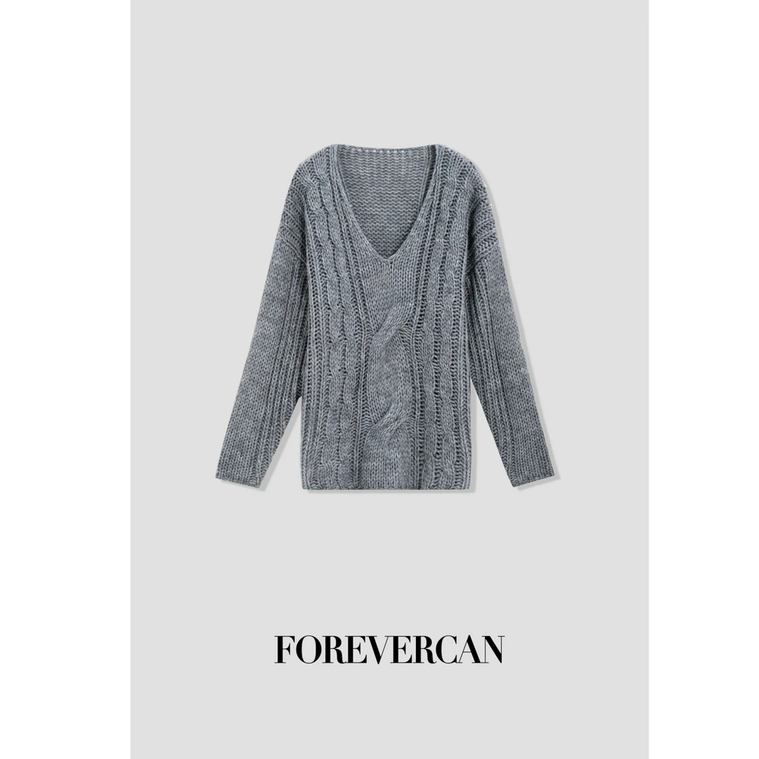 FOREVERCAN“查尔斯”慵懒风复古麻花编织宽松V领针织上衣 MY3731