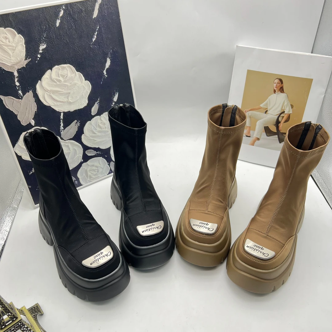 新款时尚百搭圆头靴春秋长筒秋季弹力夏天瘦瘦靴凉靴薄款肯英伦风