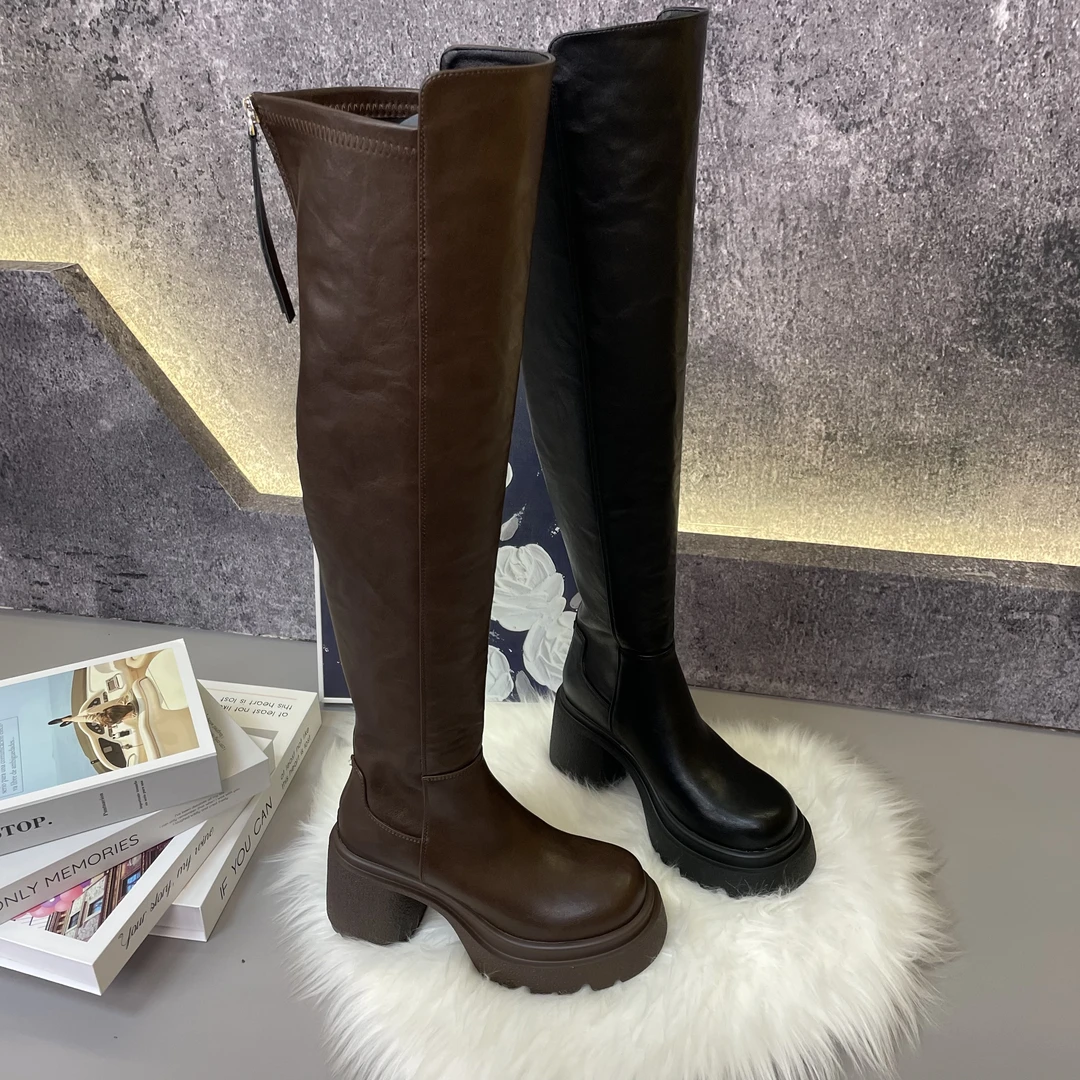 秋季新款过膝长靴小个子增高显瘦弹力女士百搭时尚厚底长筒瘦瘦靴