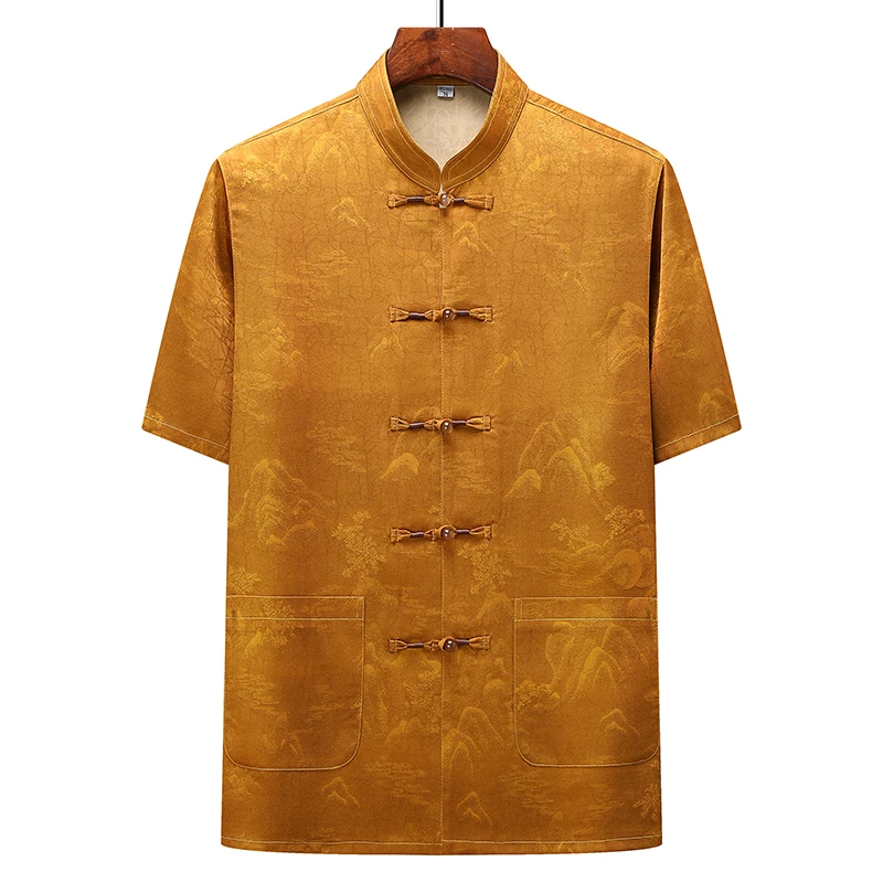 夏季中老年男士福山唐装套装中国风盘扣汉服短袖上衣2374