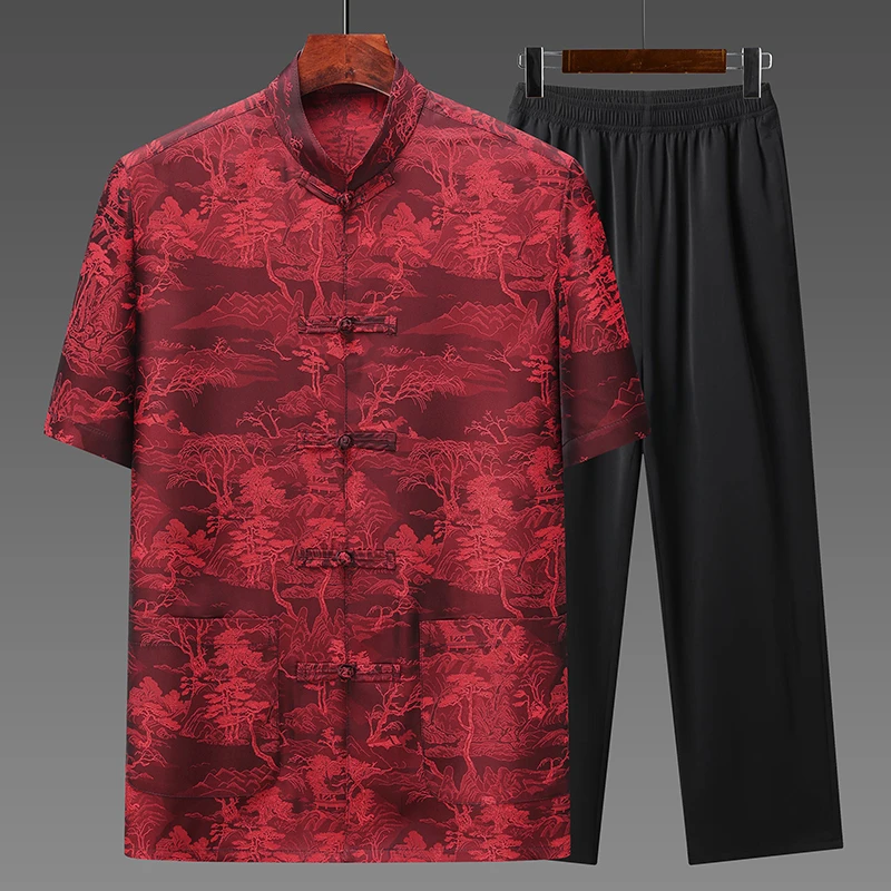 夏季中老年男士蚕丝中国风唐装双件套装短袖237