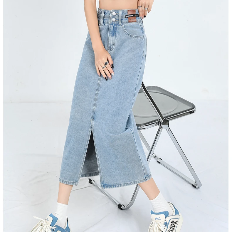 复古开叉显瘦牛仔半身裙夏季小个子高腰a字中长款牛仔包臀裙