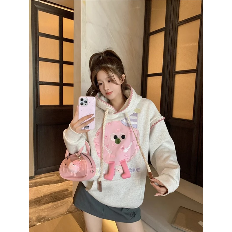 美式复古饼干贴布刺绣图案连帽卫衣女秋冬oversize宽松显瘦外套潮