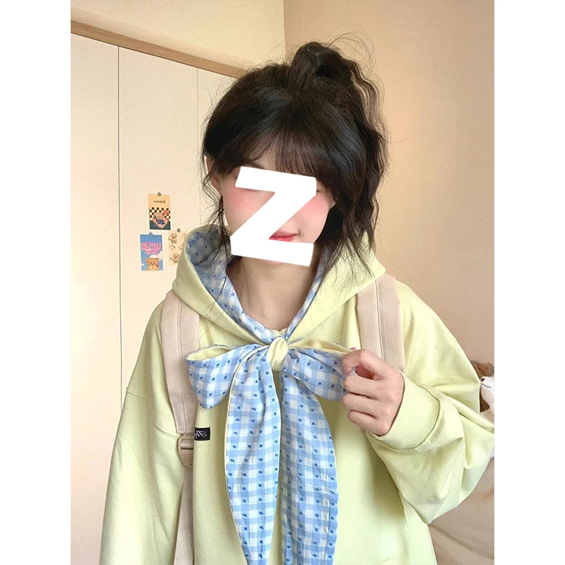 高级感奶黄色撞色格纹蝴蝶领结连帽卫衣女秋冬季宽松显瘦加绒外套