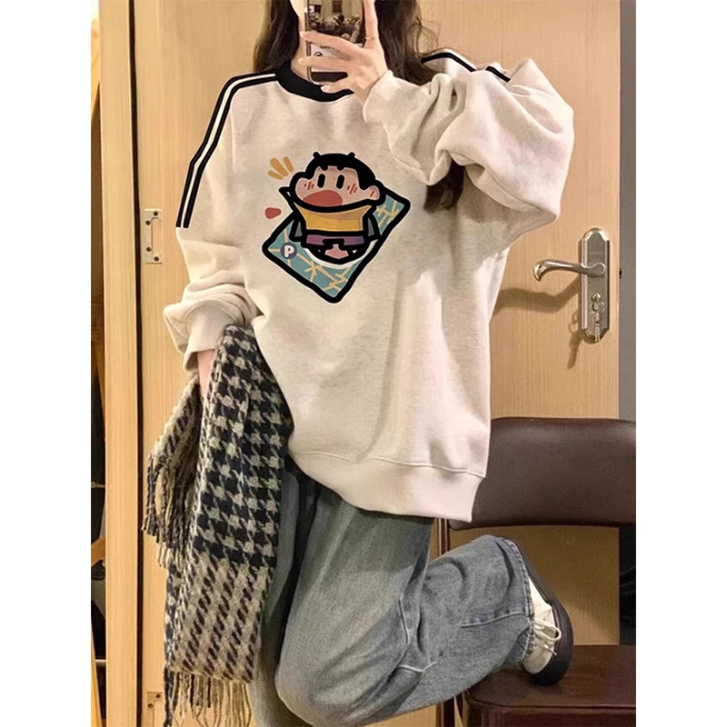 韩系慵懒风插肩条纹圆领卫衣女秋冬季设计感小众宽松无帽加绒上衣