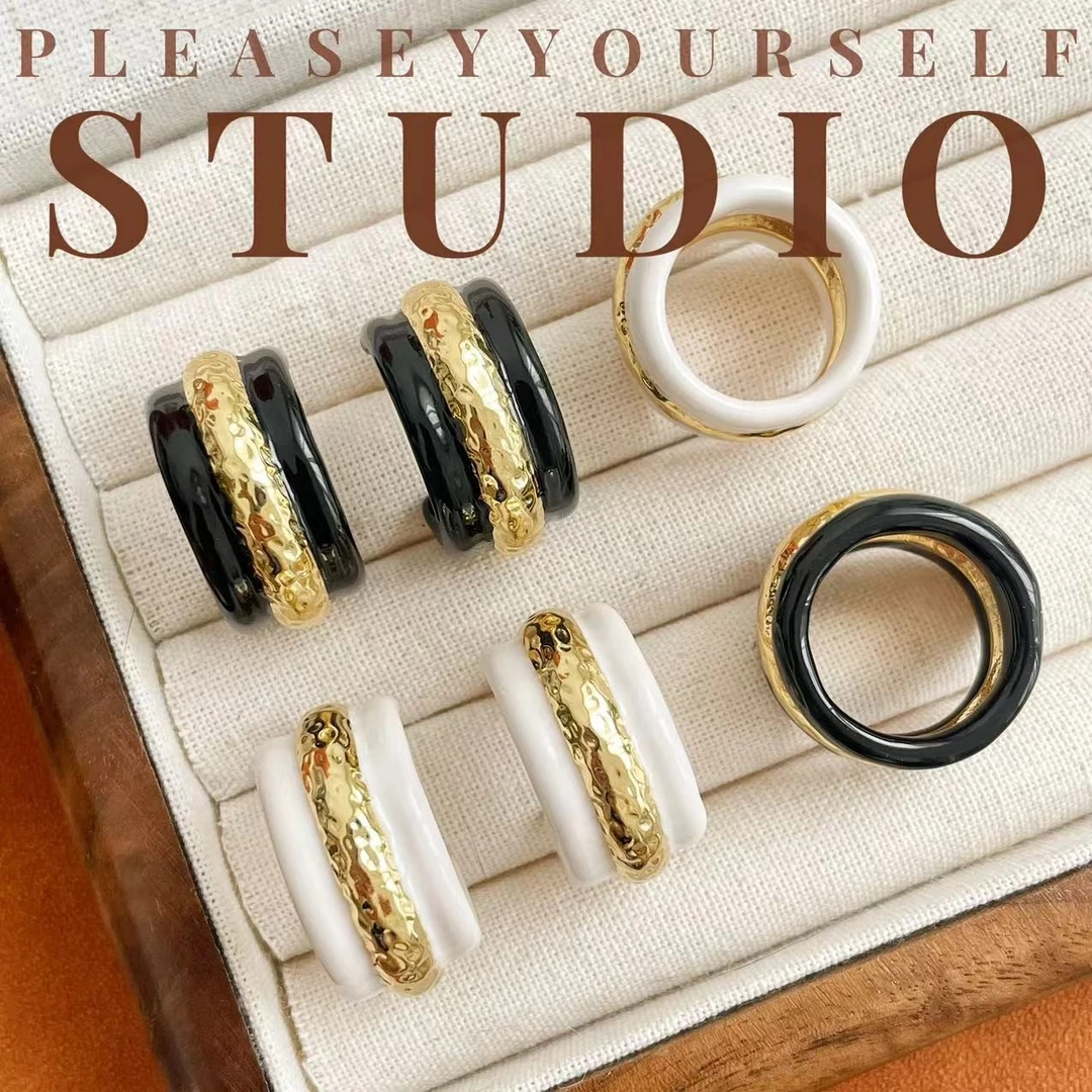 铜合金陶瓷戒指 「暗夜」黑白金撞色珐琅设计气质百搭套装饰品戒指