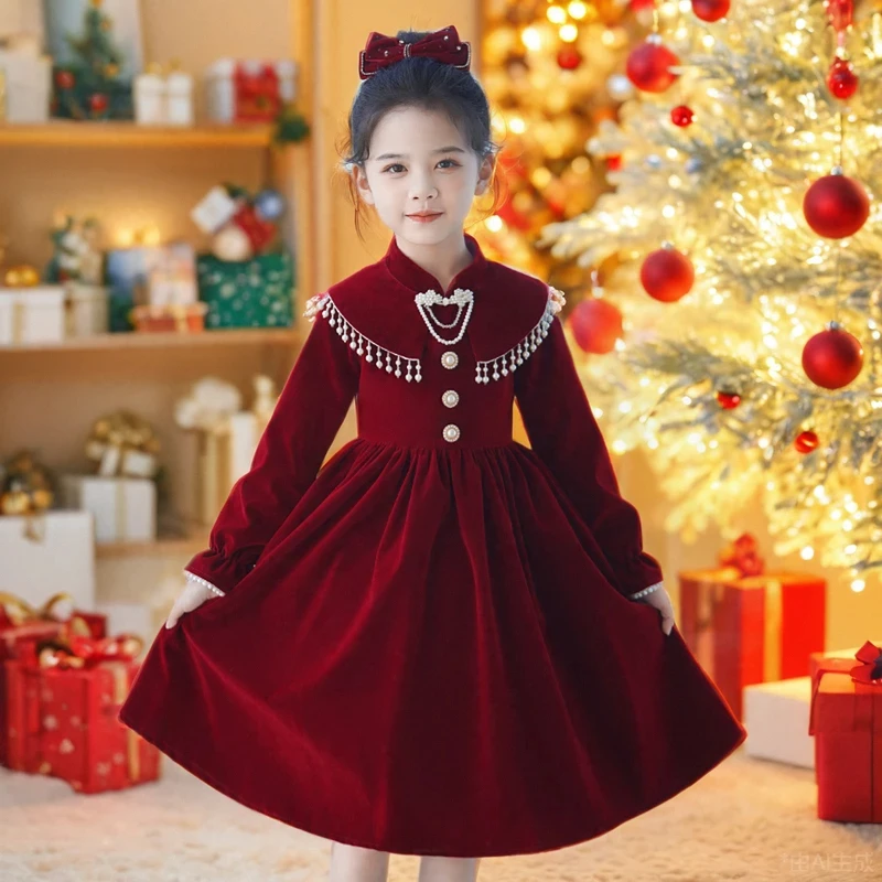女童加绒拜年服高端洋气儿童公主新款加厚红色连衣裙冬季裙子加厚