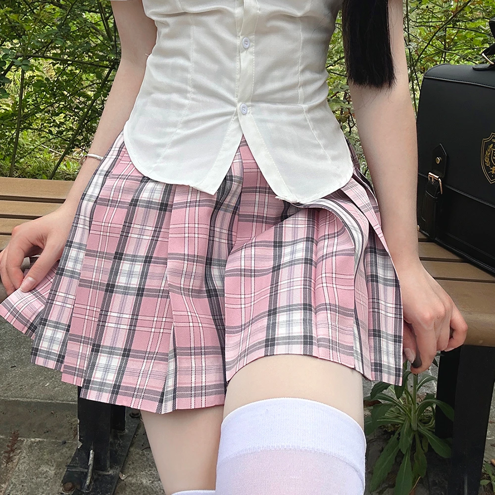 林间萌象jk制服格子裙套装学院风夏季短裙女学生短款百褶裙粉格裙
