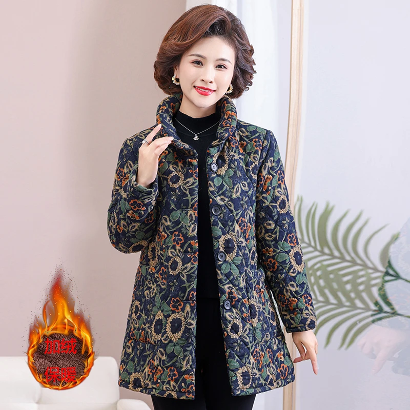 妈妈冬装特厚加绒棉衣外套妈妈花棉袄中老年人保暖棉服洋气立领款