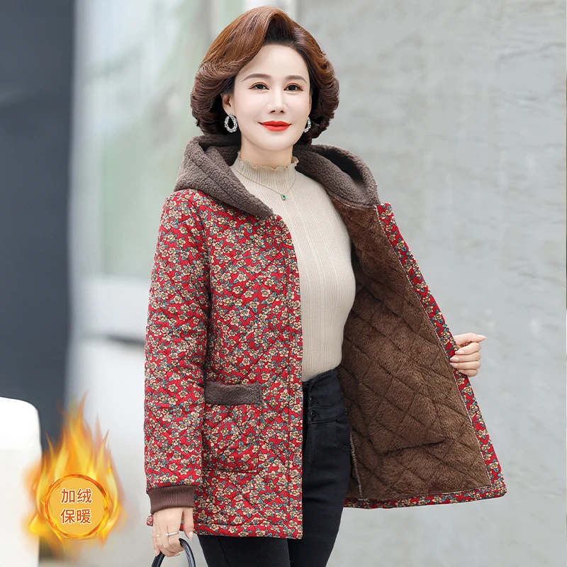 妈妈加绒外套50-60岁秋冬款连帽大衣碎花民族风老年人冬装加厚衣